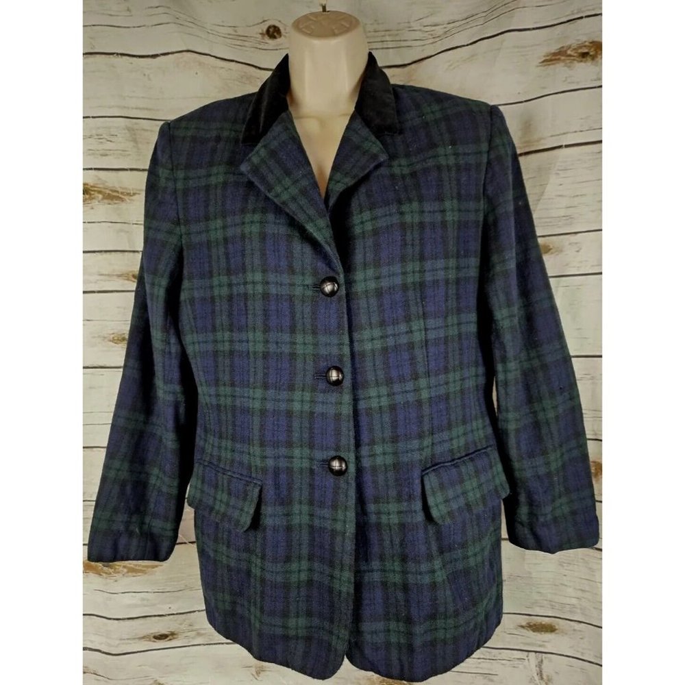 Talbots Vintage Plaid Wool Blazer Jacket 14 Petites Preppy Academia Velvet Trim